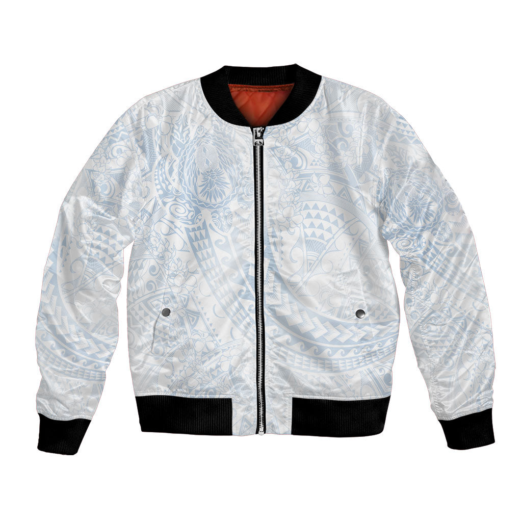 Hawaiian Turtles and Leis Bomber Jacket Tribal Kakau Pattern Airy White Blue Cloud Vibe