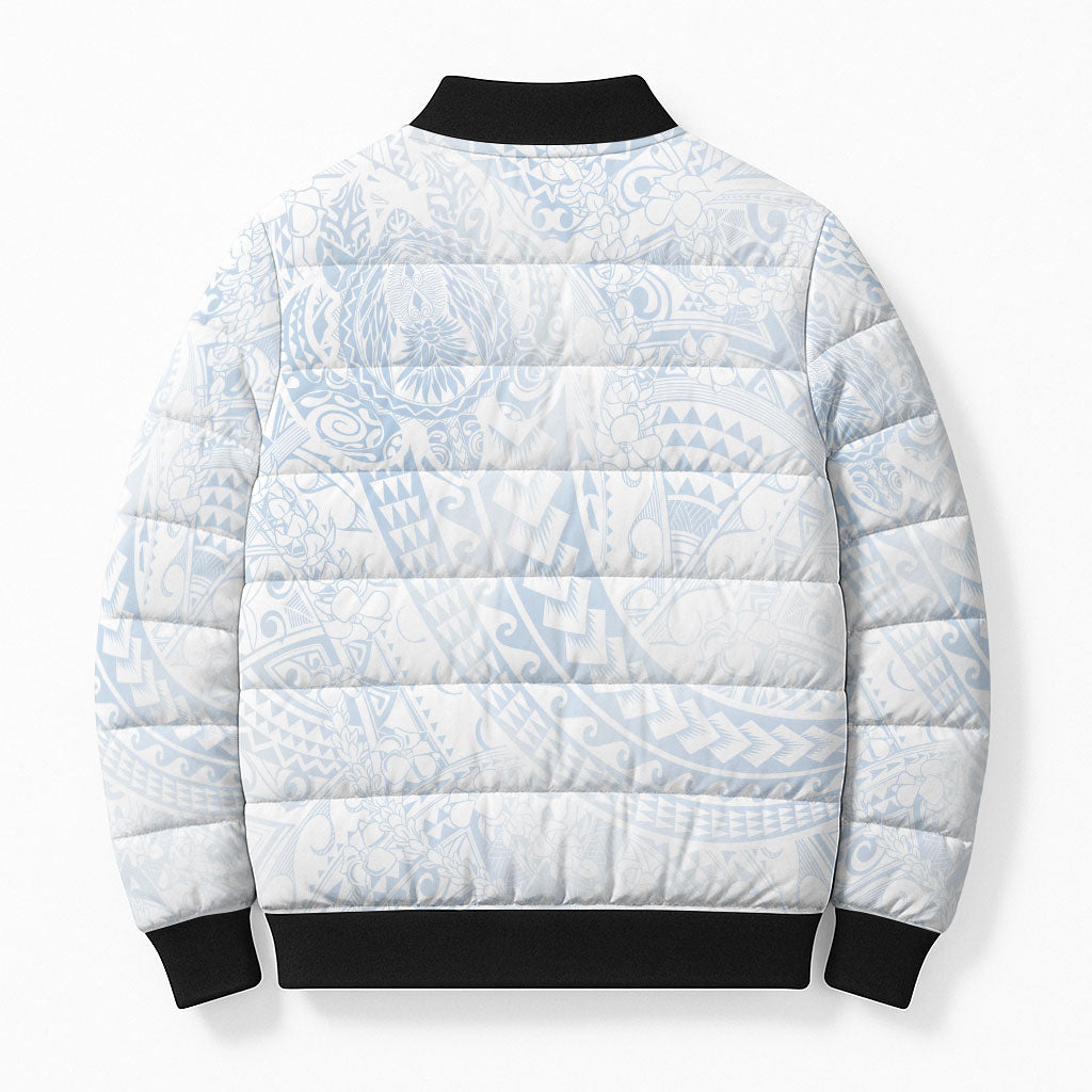 Hawaiian Turtles and Leis Bomber Puffer Jacket Tribal Kakau Pattern Airy White Blue Cloud Vibe