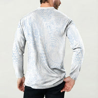 Hawaiian Turtles and Leis Button Sweatshirt Tribal Kakau Pattern Airy White Blue Cloud Vibe