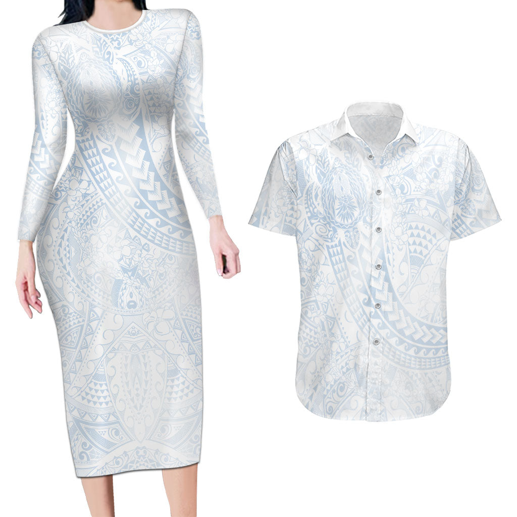 Hawaiian Turtles and Leis Couples Matching Long Sleeve Bodycon Dress and Hawaiian Shirt Tribal Kakau Pattern Airy White Blue Cloud Vibe LT03 White - Polynesian Pride