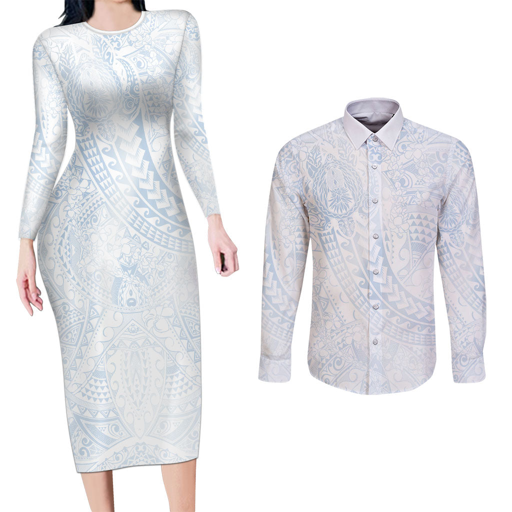 Hawaiian Turtles and Leis Couples Matching Long Sleeve Bodycon Dress and Long Sleeve Button Shirt Tribal Kakau Pattern Airy White Blue Cloud Vibe LT03 White - Polynesian Pride