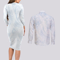 Hawaiian Turtles and Leis Couples Matching Long Sleeve Bodycon Dress and Long Sleeve Button Shirt Tribal Kakau Pattern Airy White Blue Cloud Vibe