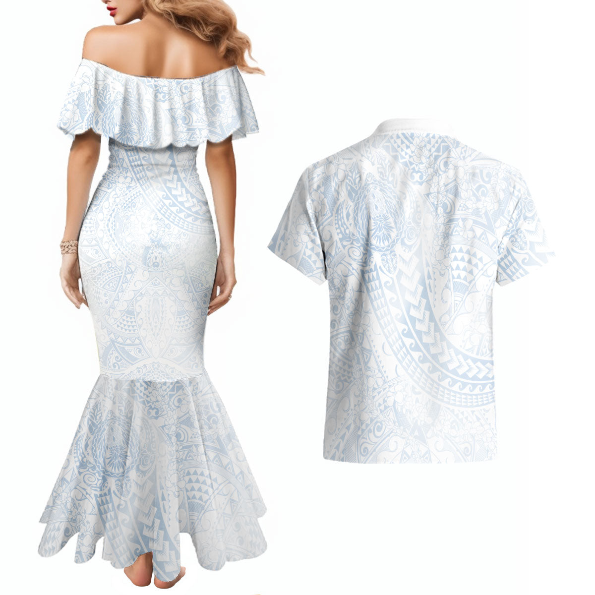 Hawaiian Turtles and Leis Couples Matching Mermaid Dress and Hawaiian Shirt Tribal Kakau Pattern Airy White Blue Cloud Vibe