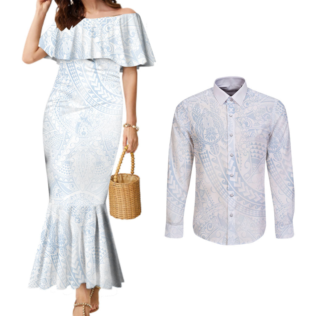 Hawaiian Turtles and Leis Couples Matching Mermaid Dress and Long Sleeve Button Shirt Tribal Kakau Pattern Airy White Blue Cloud Vibe