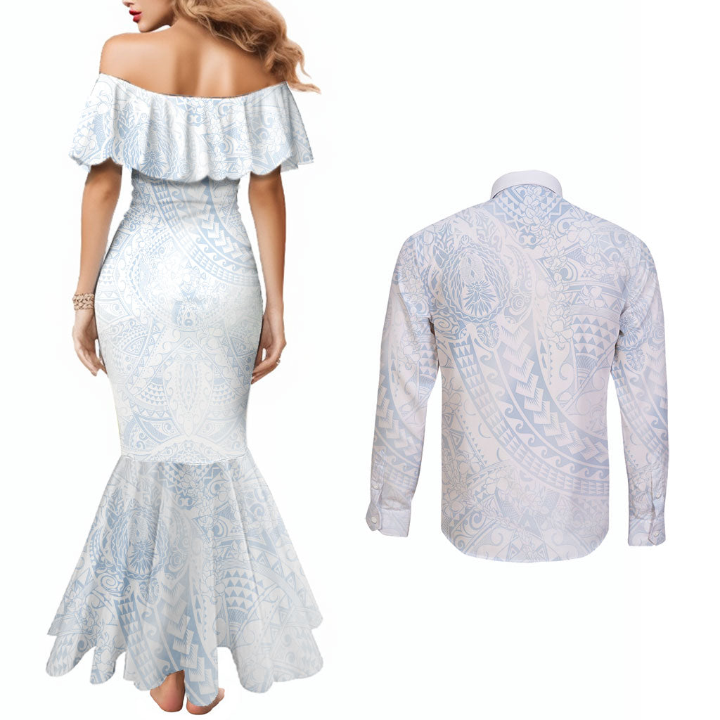 Hawaiian Turtles and Leis Couples Matching Mermaid Dress and Long Sleeve Button Shirt Tribal Kakau Pattern Airy White Blue Cloud Vibe