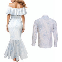 Hawaiian Turtles and Leis Couples Matching Mermaid Dress and Long Sleeve Button Shirt Tribal Kakau Pattern Airy White Blue Cloud Vibe