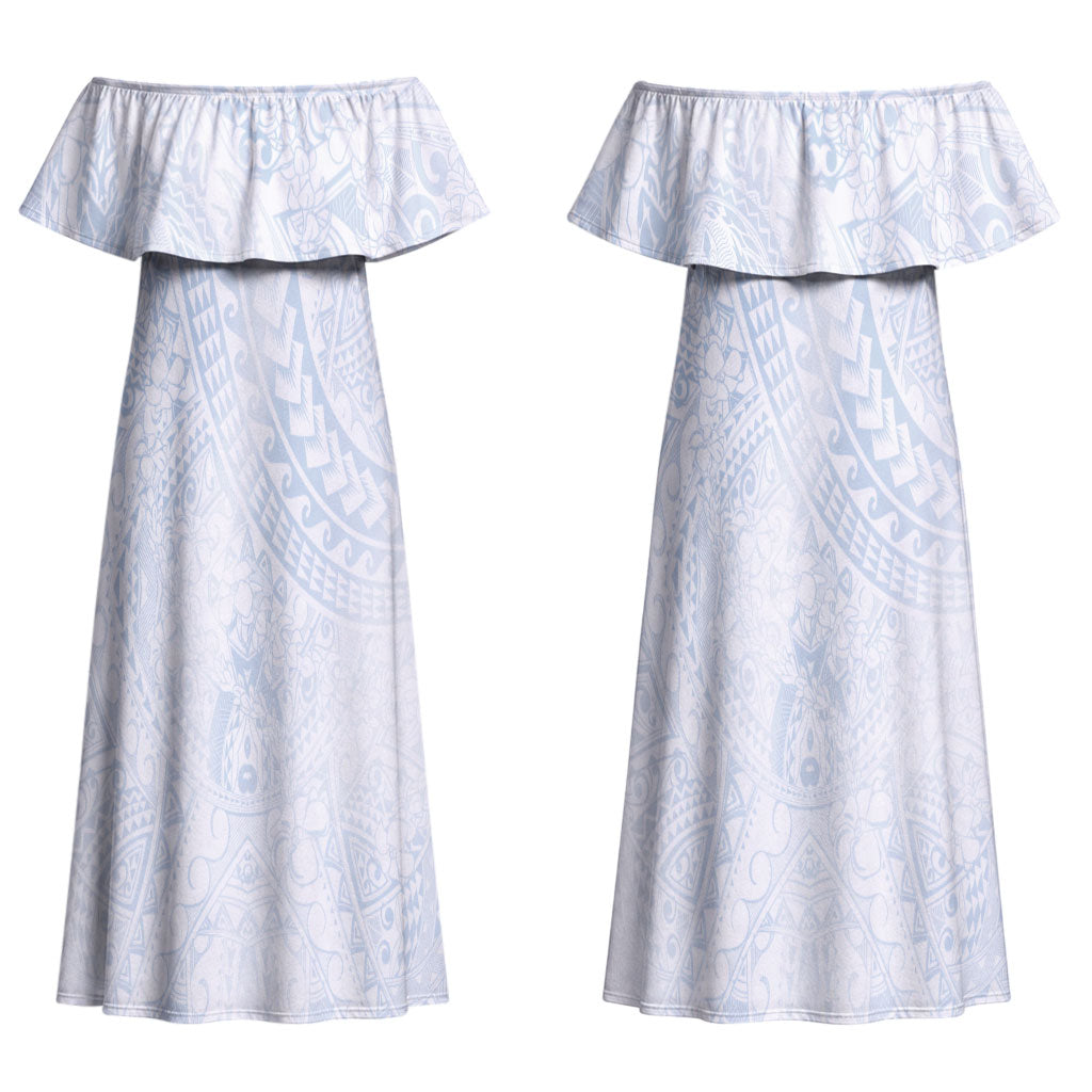 Hawaiian Turtles and Leis Couples Matching Off Shoulder Maxi Dress and Hawaiian Shirt Tribal Kakau Pattern Airy White Blue Cloud Vibe LT03 - Polynesian Pride