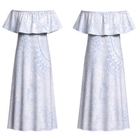 Hawaiian Turtles and Leis Couples Matching Off Shoulder Maxi Dress and Hawaiian Shirt Tribal Kakau Pattern Airy White Blue Cloud Vibe LT03 - Polynesian Pride