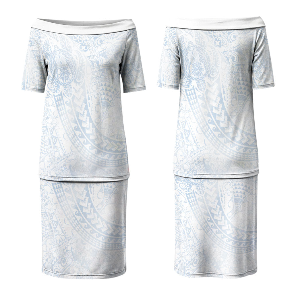 Hawaiian Turtles and Leis Couples Matching Puletasi and Long Sleeve Button Shirt Tribal Kakau Pattern Airy White Blue Cloud Vibe LT03 - Polynesian Pride