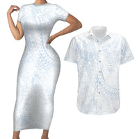 Hawaiian Turtles and Leis Couples Matching Short Sleeve Bodycon Dress and Hawaiian Shirt Tribal Kakau Pattern Airy White Blue Cloud Vibe