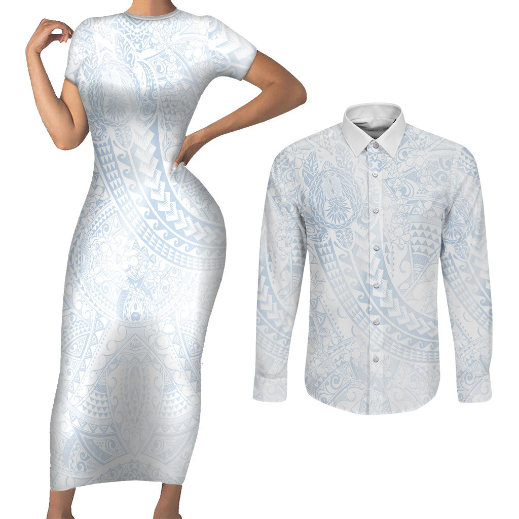 Hawaiian Turtles and Leis Couples Matching Short Sleeve Bodycon Dress and Long Sleeve Button Shirt Tribal Kakau Pattern Airy White Blue Cloud Vibe LT03 White - Polynesian Pride