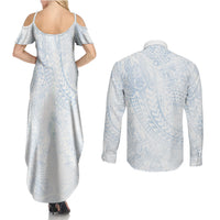 Hawaiian Turtles and Leis Couples Matching Summer Maxi Dress and Long Sleeve Button Shirt Tribal Kakau Pattern Airy White Blue Cloud Vibe