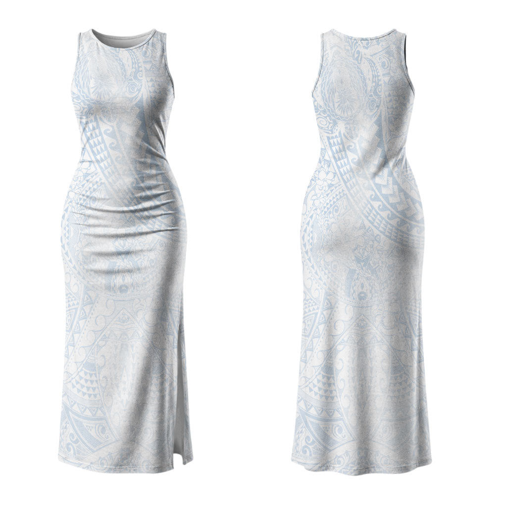 Hawaiian Turtles and Leis Couples Matching Tank Maxi Dress and Hawaiian Shirt Tribal Kakau Pattern Airy White Blue Cloud Vibe LT03 - Polynesian Pride