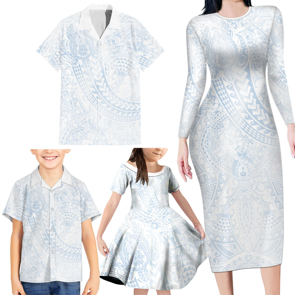 Hawaiian Turtles and Leis Family Matching Long Sleeve Bodycon Dress and Hawaiian Shirt Tribal Kakau Pattern Airy White Blue Cloud Vibe LT03 - Polynesian Pride