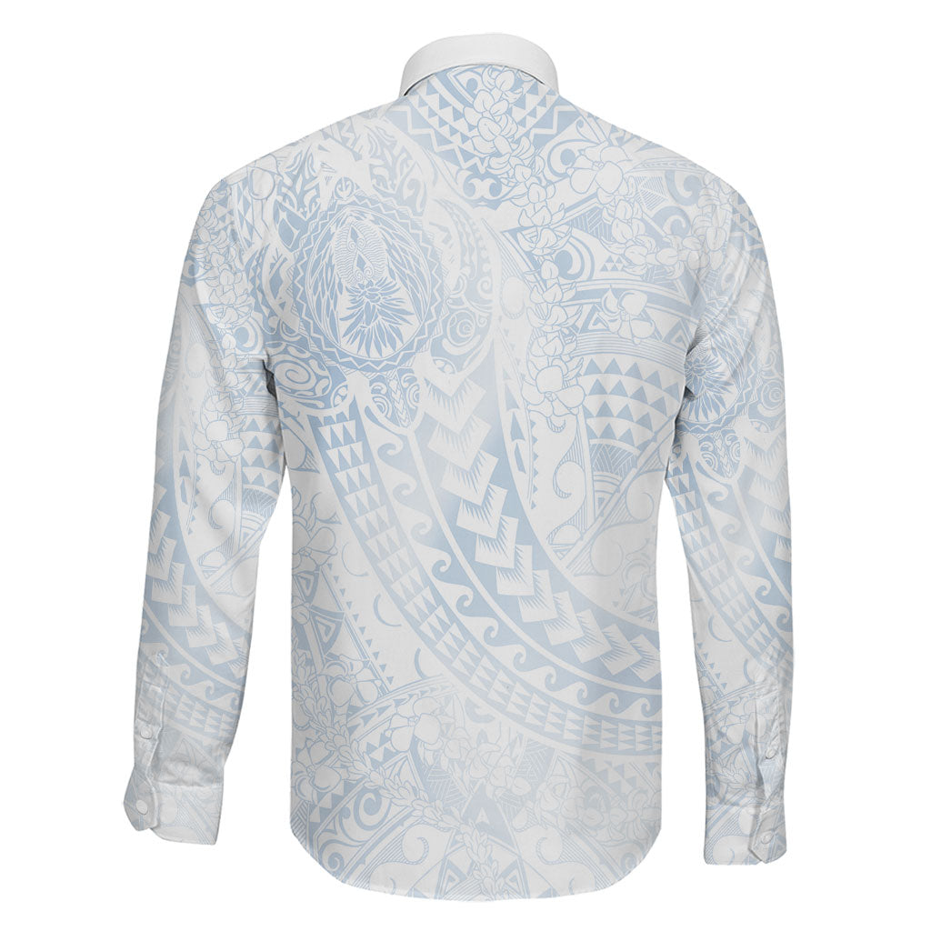 Hawaiian Turtles and Leis Family Matching Long Sleeve Bodycon Dress and Hawaiian Shirt Tribal Kakau Pattern Airy White Blue Cloud Vibe
