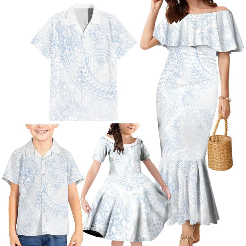 Hawaiian Turtles and Leis Family Matching Mermaid Dress and Hawaiian Shirt Tribal Kakau Pattern Airy White Blue Cloud Vibe