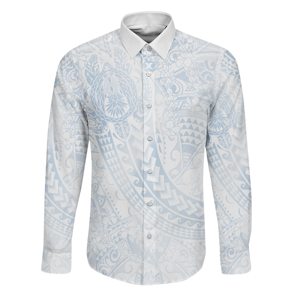 Hawaiian Turtles and Leis Family Matching Off Shoulder Short Dress and Hawaiian Shirt Tribal Kakau Pattern Airy White Blue Cloud Vibe