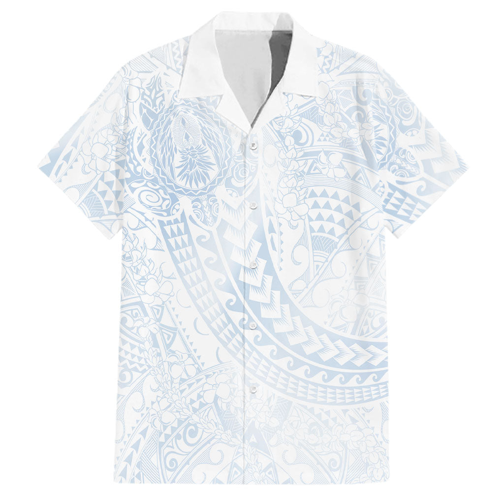Hawaiian Turtles and Leis Family Matching Puletasi and Hawaiian Shirt Tribal Kakau Pattern Airy White Blue Cloud Vibe