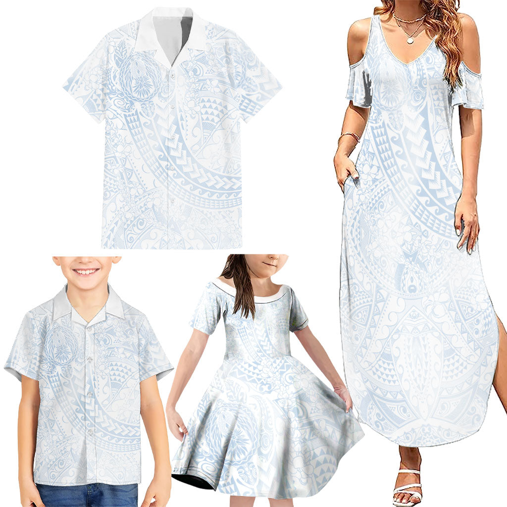 Hawaiian Turtles and Leis Family Matching Summer Maxi Dress and Hawaiian Shirt Tribal Kakau Pattern Airy White Blue Cloud Vibe LT03 - Polynesian Pride