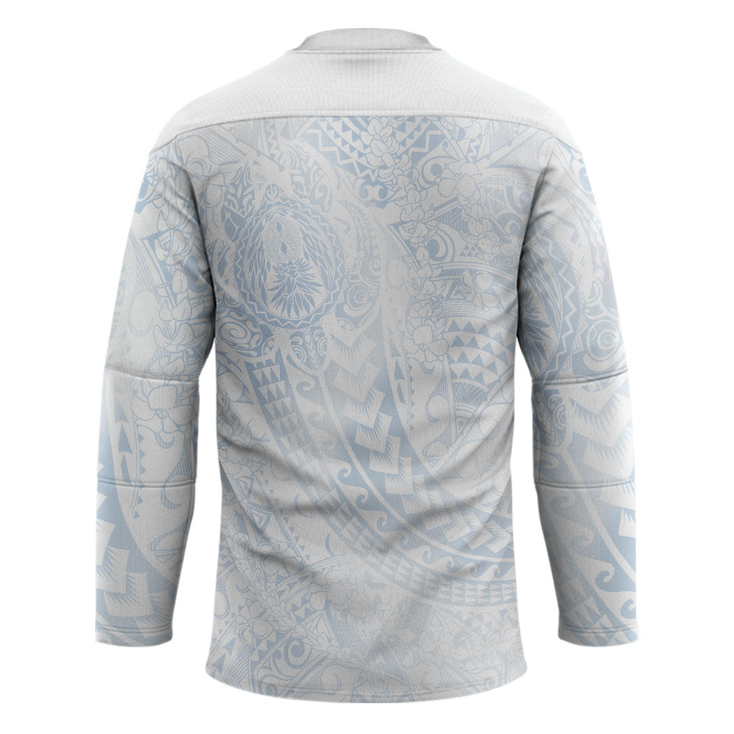Hawaiian Turtles and Leis Hockey Jersey Tribal Kakau Pattern Airy White Blue Cloud Vibe