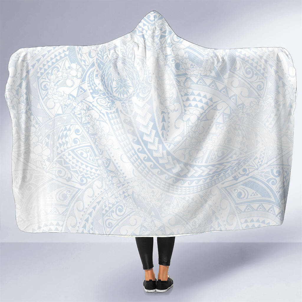 Hawaiian Turtles and Leis Hooded Blanket Tribal Kakau Pattern Airy White Blue Cloud Vibe