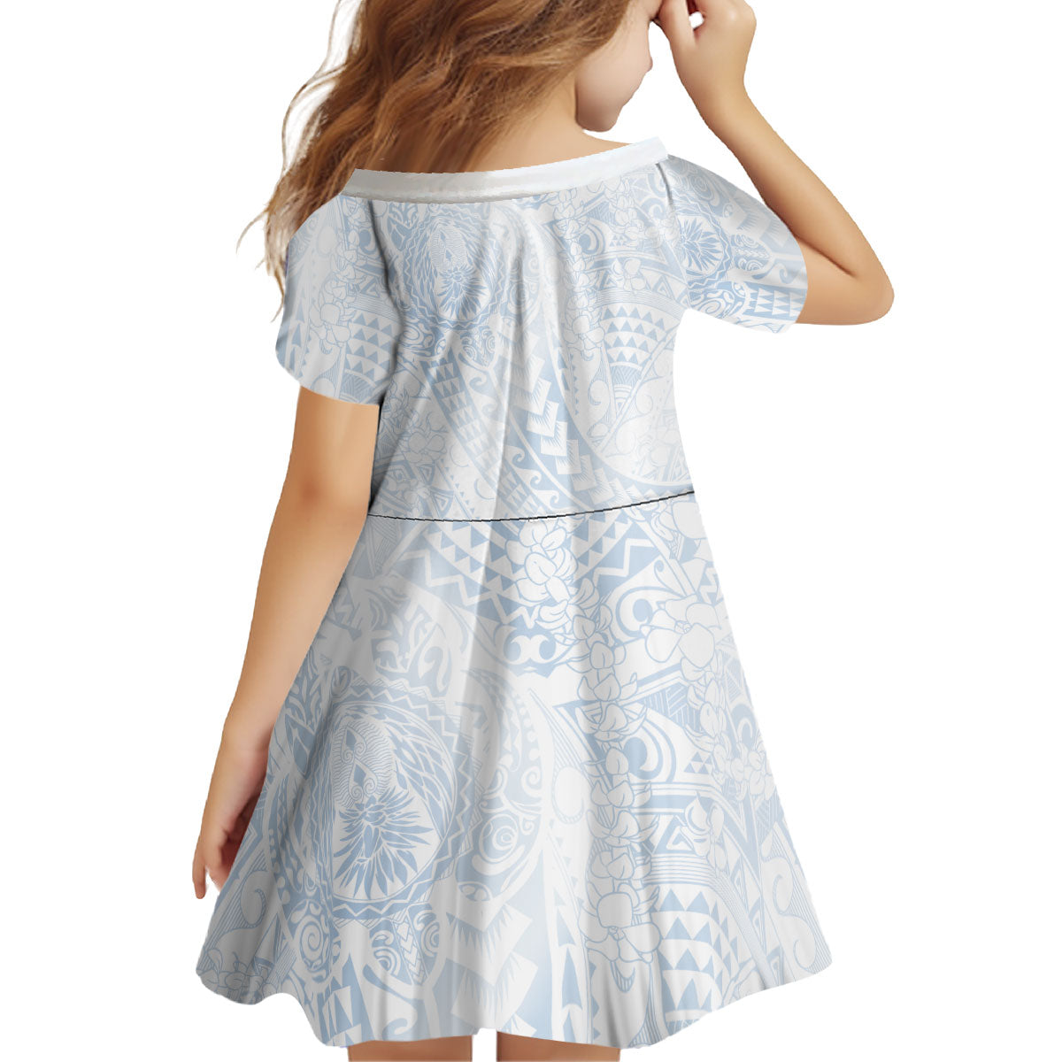 Hawaiian Turtles and Leis Kid Short Sleeve Dress Tribal Kakau Pattern Airy White Blue Cloud Vibe