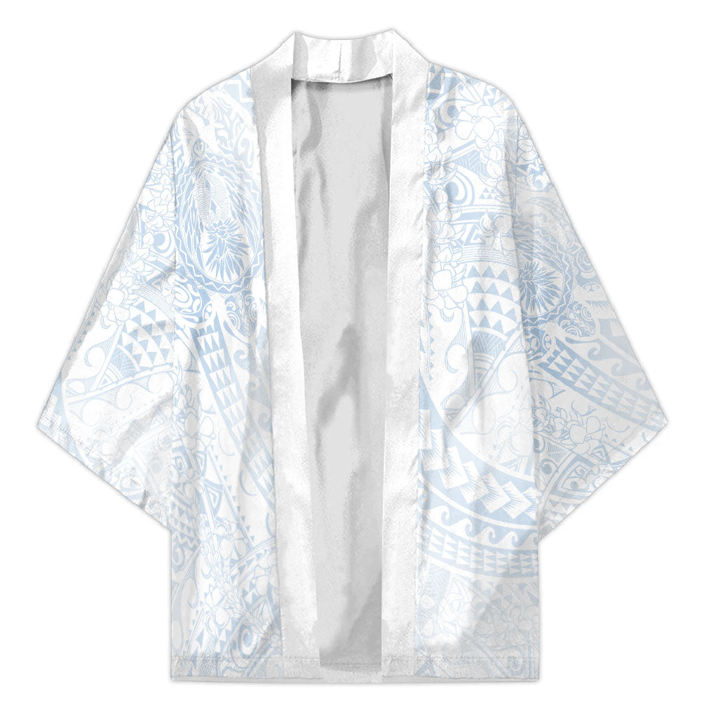 Hawaiian Turtles and Leis Kimono Tribal Kakau Pattern Airy White Blue Cloud Vibe LT03 Unisex White - Polynesian Pride