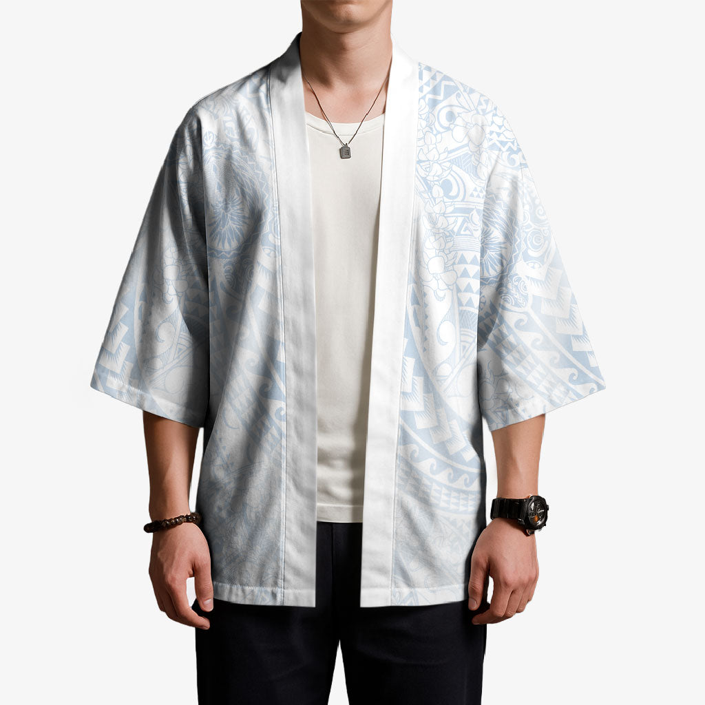 Hawaiian Turtles and Leis Kimono Tribal Kakau Pattern Airy White Blue Cloud Vibe