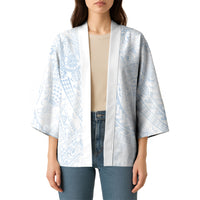 Hawaiian Turtles and Leis Kimono Tribal Kakau Pattern Airy White Blue Cloud Vibe