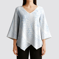 Hawaiian Turtles and Leis Kimono Sleeve Blouse Tribal Kakau Pattern Airy White Blue Cloud Vibe