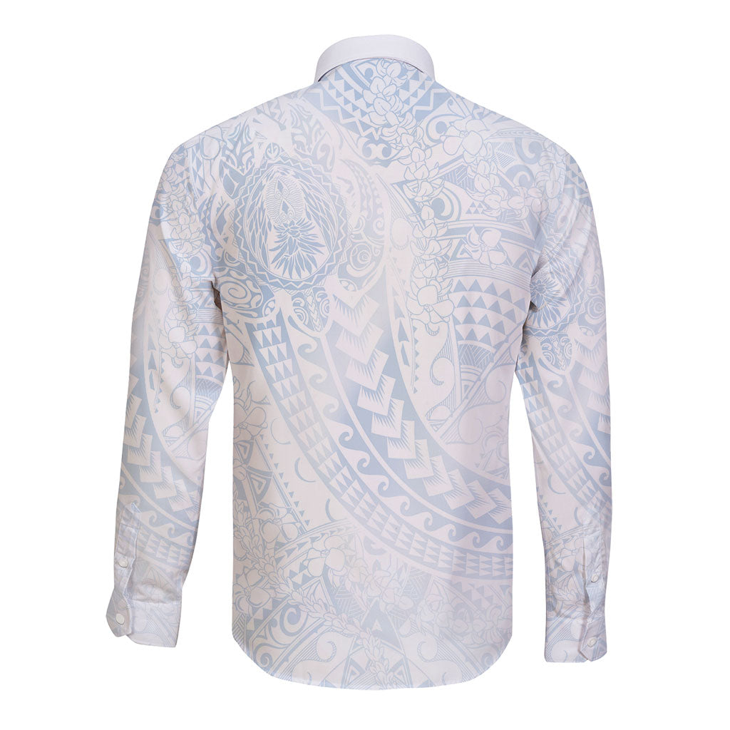 Hawaiian Turtles and Leis Long Sleeve Button Shirt Tribal Kakau Pattern Airy White Blue Cloud Vibe