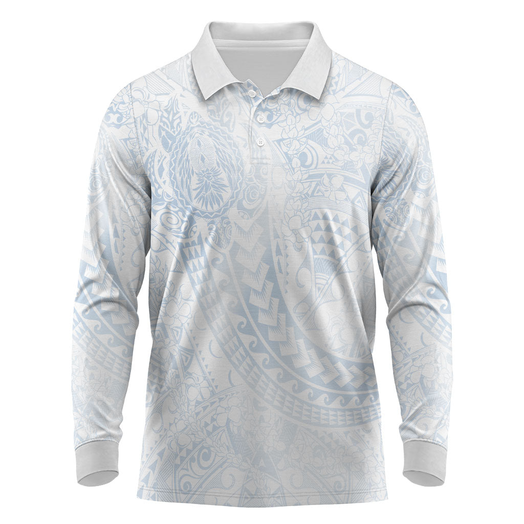 Hawaiian Turtles and Leis Long Sleeve Polo Shirt Tribal Kakau Pattern Airy White Blue Cloud Vibe