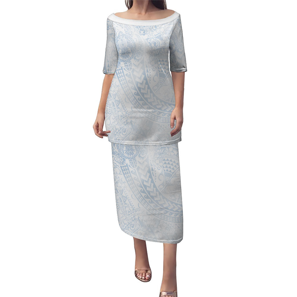 Hawaiian Turtles and Leis Puletasi Tribal Kakau Pattern Airy White Blue Cloud Vibe LT03 Long Dress White - Polynesian Pride