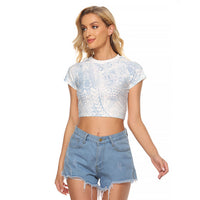 Hawaiian Turtles and Leis Raglan Cropped T Shirt Tribal Kakau Pattern Airy White Blue Cloud Vibe