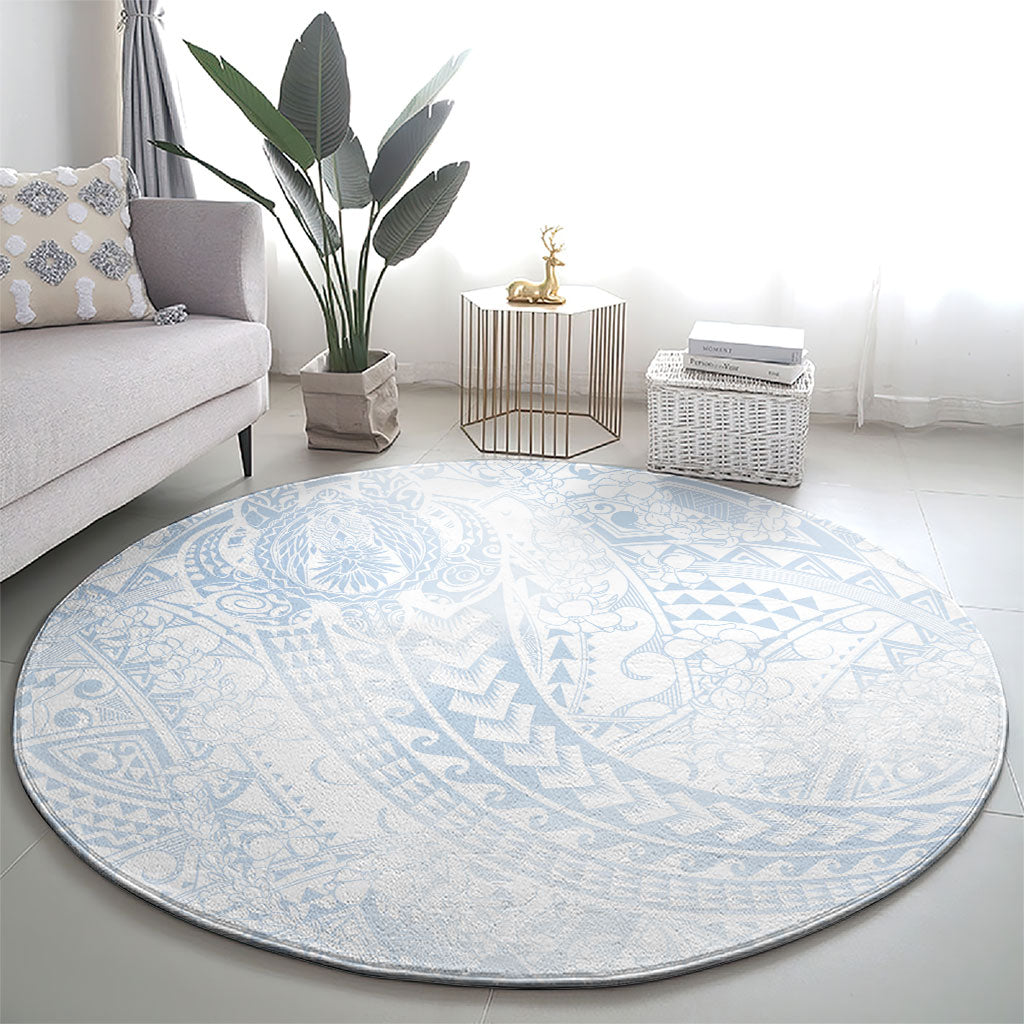 Hawaiian Turtles and Leis Round Carpet Tribal Kakau Pattern Airy White Blue Cloud Vibe