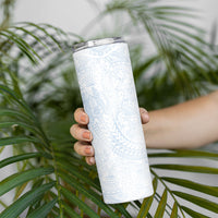 Hawaiian Turtles and Leis Skinny Tumbler Tribal Kakau Pattern Airy White Blue Cloud Vibe