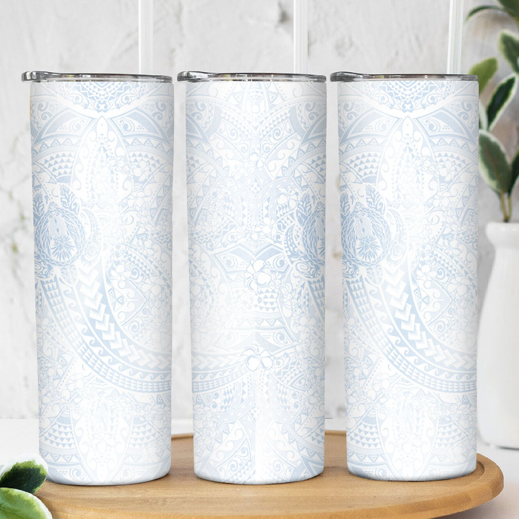 Hawaiian Turtles and Leis Skinny Tumbler Tribal Kakau Pattern Airy White Blue Cloud Vibe