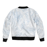 Hawaiian Turtles and Leis Sleeve Zip Bomber Jacket Tribal Kakau Pattern Airy White Blue Cloud Vibe