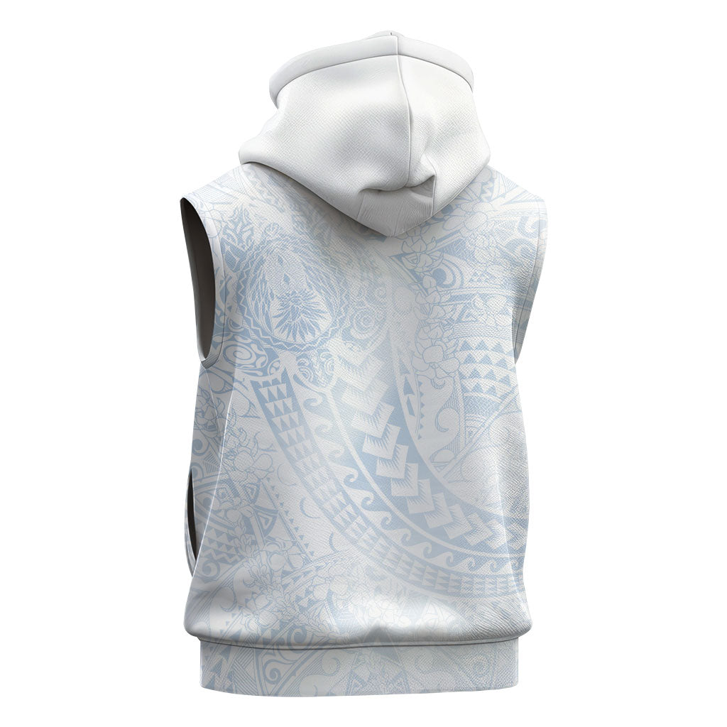 Hawaiian Turtles and Leis Sleeveless Hoodie Tribal Kakau Pattern Airy White Blue Cloud Vibe