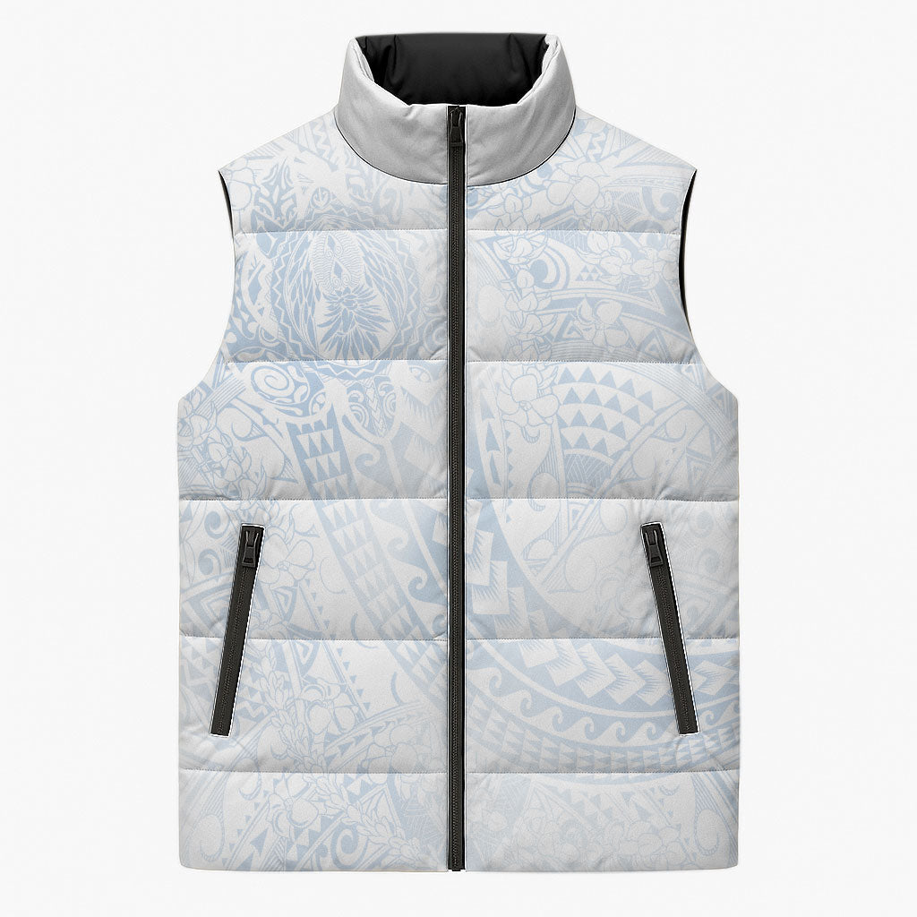 Hawaiian Turtles and Leis Sleeveless Puffer Jacket Tribal Kakau Pattern Airy White Blue Cloud Vibe