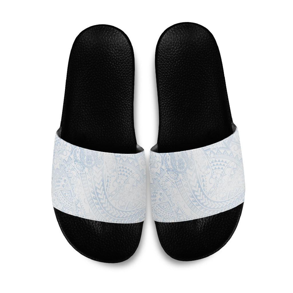 Hawaiian Turtles and Leis Slide Sandals Tribal Kakau Pattern Airy White Blue Cloud Vibe