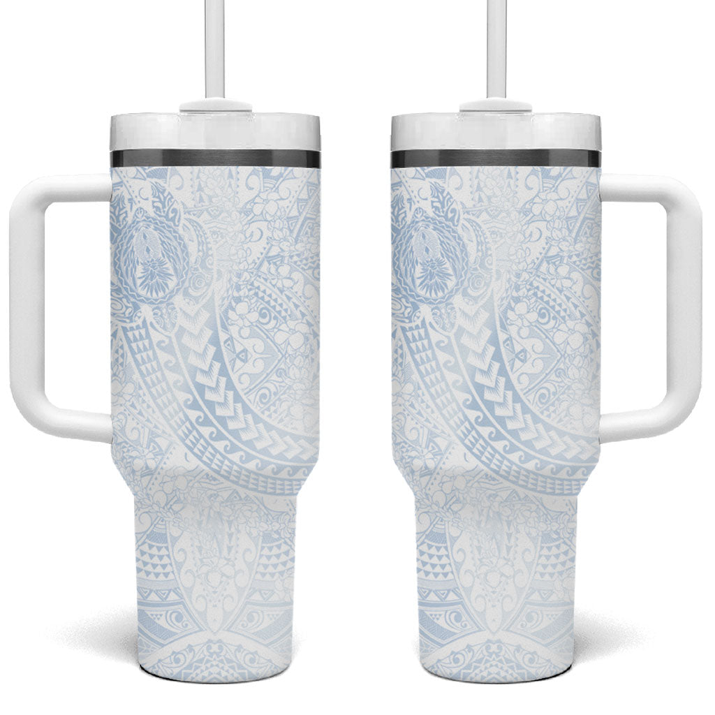 Hawaiian Turtles and Leis Tumbler With Handle Tribal Kakau Pattern Airy White Blue Cloud Vibe