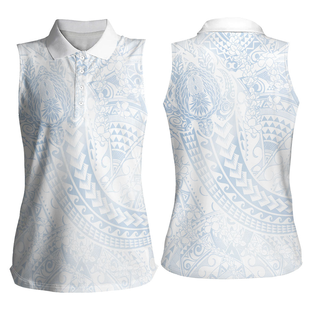 Hawaiian Turtles and Leis Women Sleeveless Polo Shirt Tribal Kakau Pattern Airy White Blue Cloud Vibe