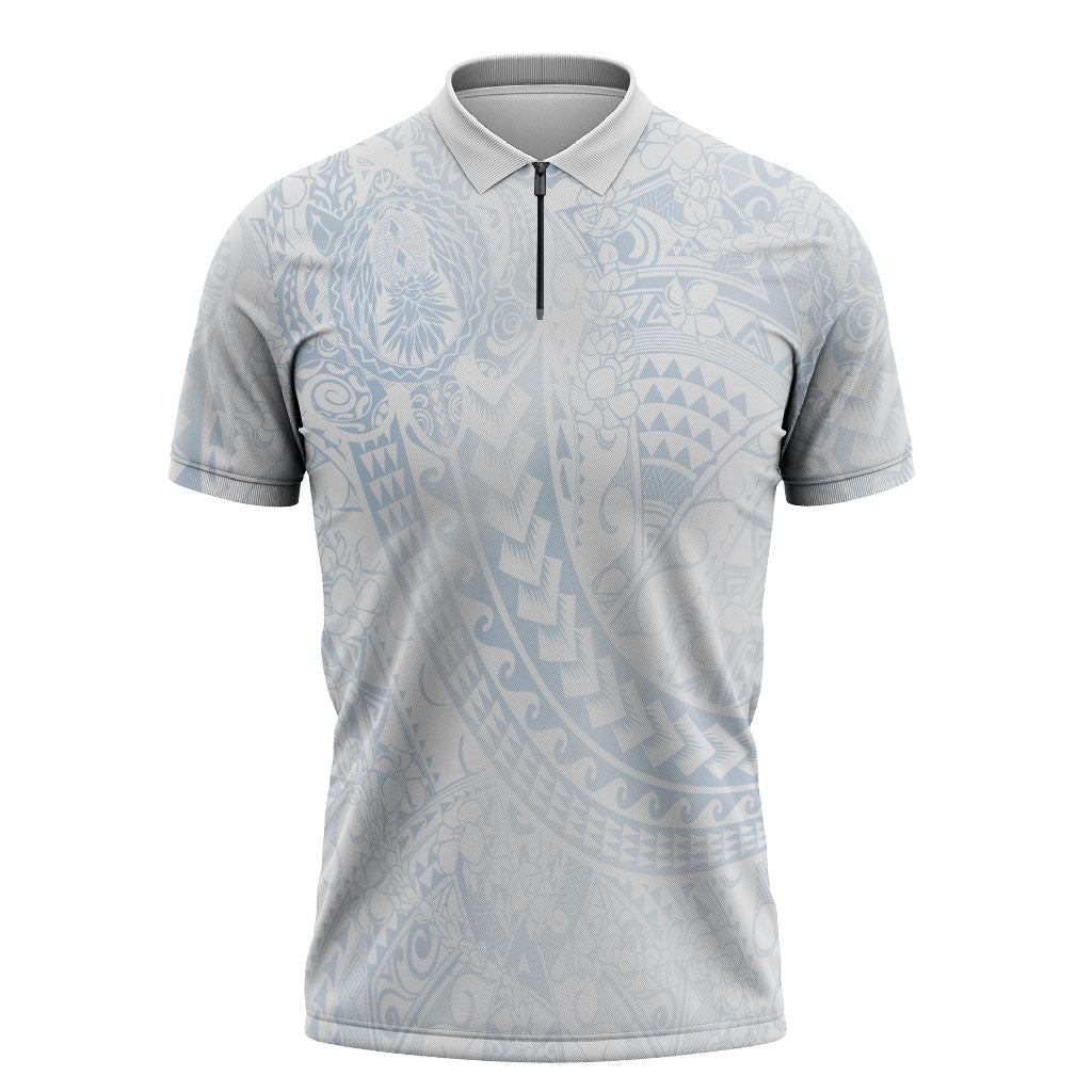 Hawaiian Turtles and Leis Zipper Polo Shirt Tribal Kakau Pattern Airy White Blue Cloud Vibe