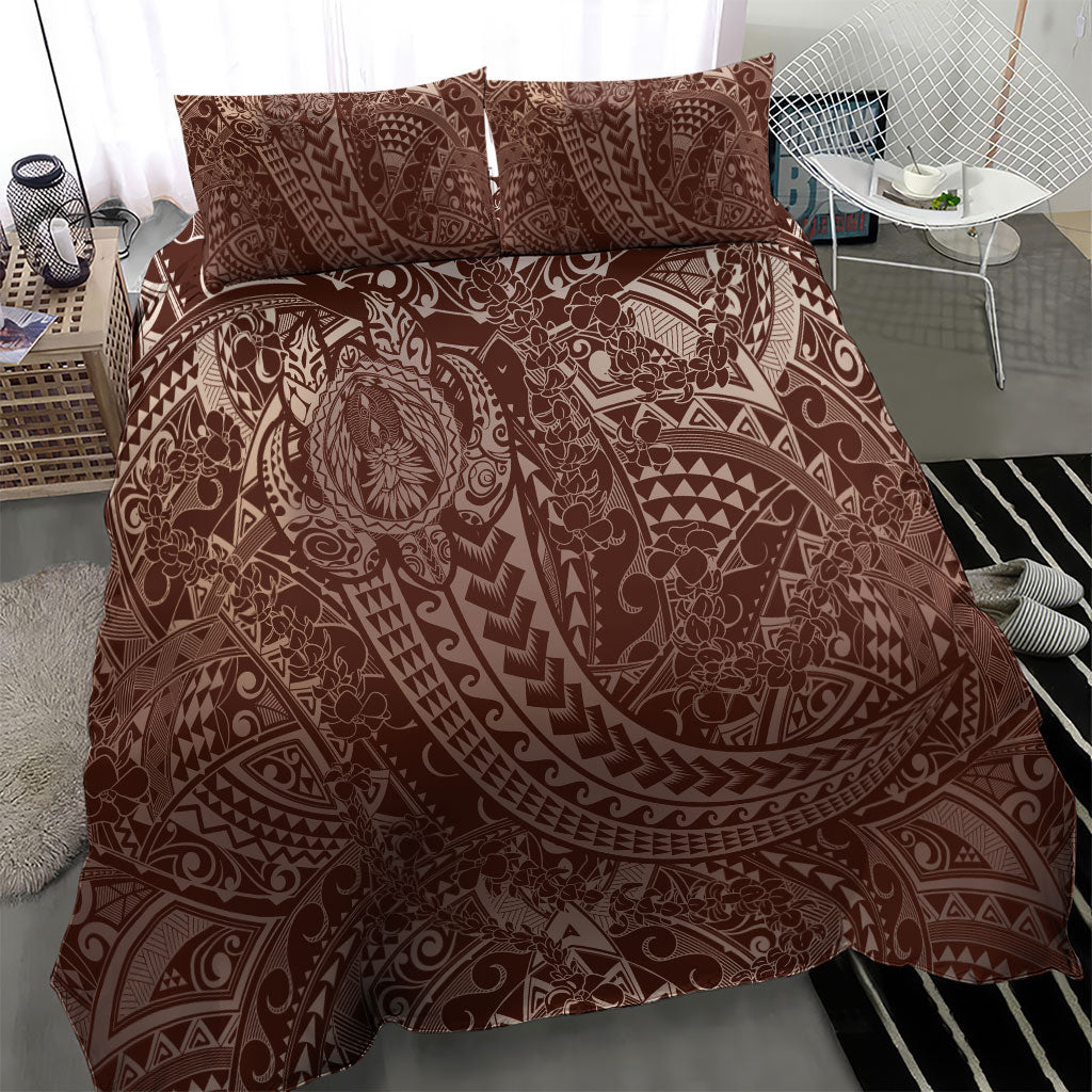 Hawaiian Turtles and Leis Bedding Set Tribal Kakau Pattern Mocha Mousse Color
