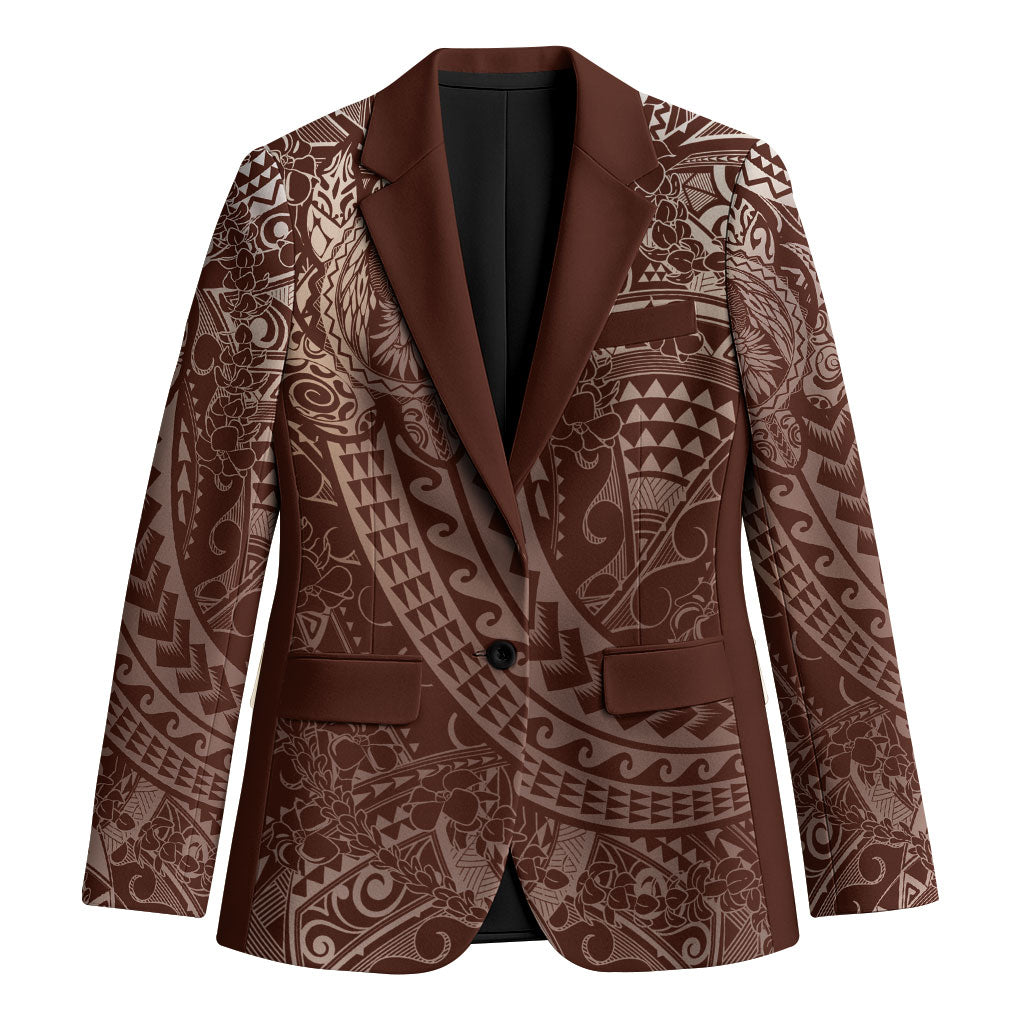 Hawaiian Turtles and Leis Blazer Tribal Kakau Pattern Mocha Mousse Color