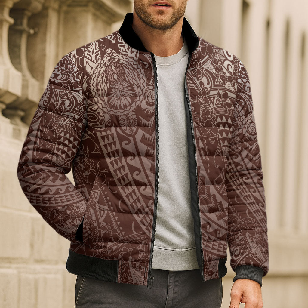 Hawaiian Turtles and Leis Bomber Puffer Jacket Tribal Kakau Pattern Mocha Mousse Color