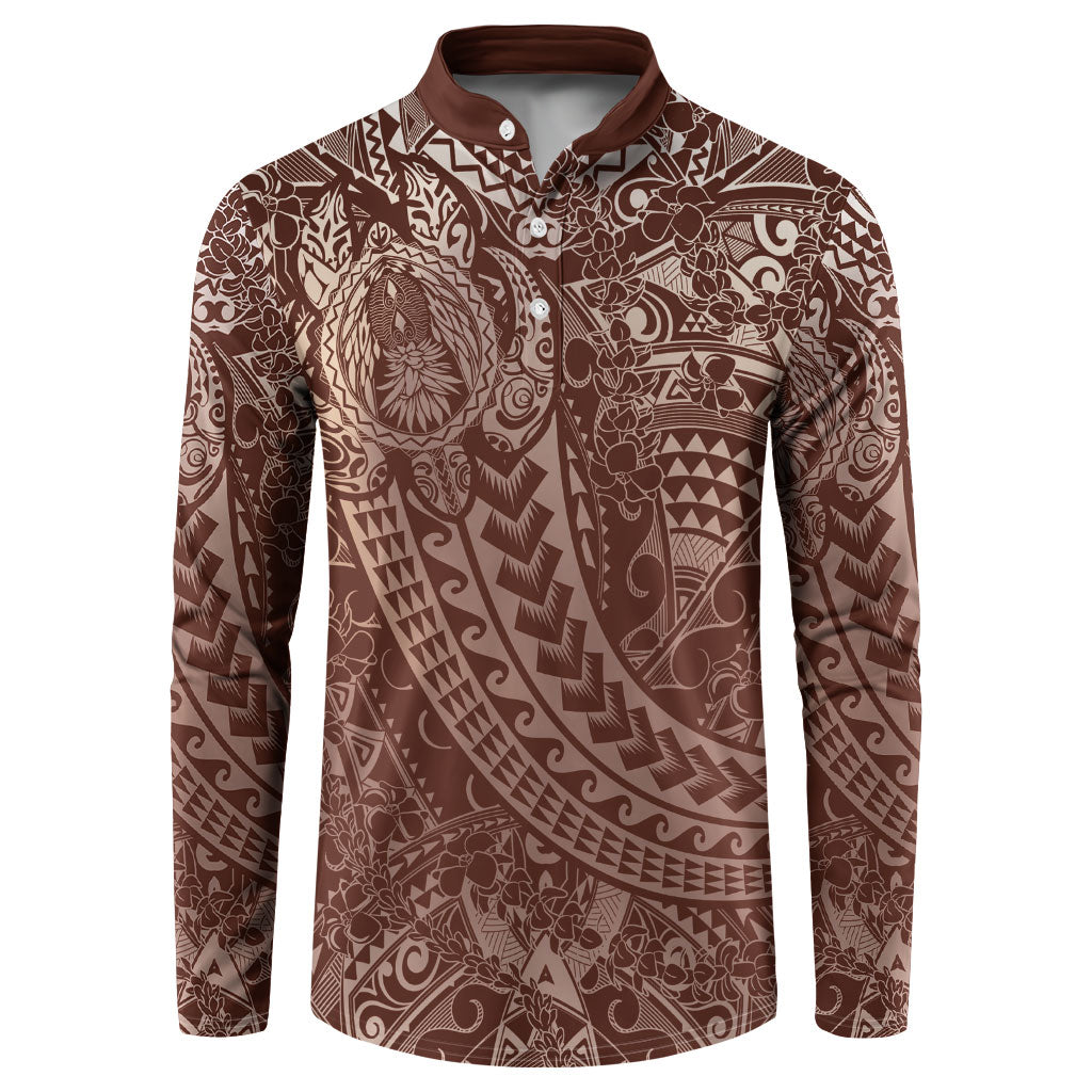 Hawaiian Turtles and Leis Button Sweatshirt Tribal Kakau Pattern Mocha Mousse Color