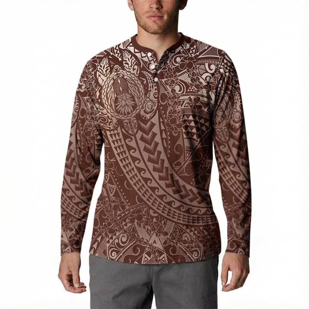 Hawaiian Turtles and Leis Button Sweatshirt Tribal Kakau Pattern Mocha Mousse Color
