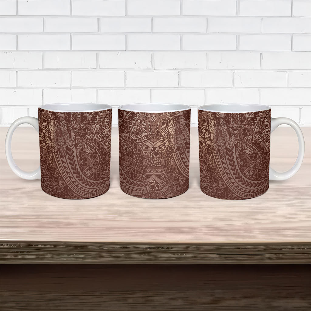 Hawaiian Turtles and Leis Ceramic Mug Tribal Kakau Pattern Mocha Mousse Color